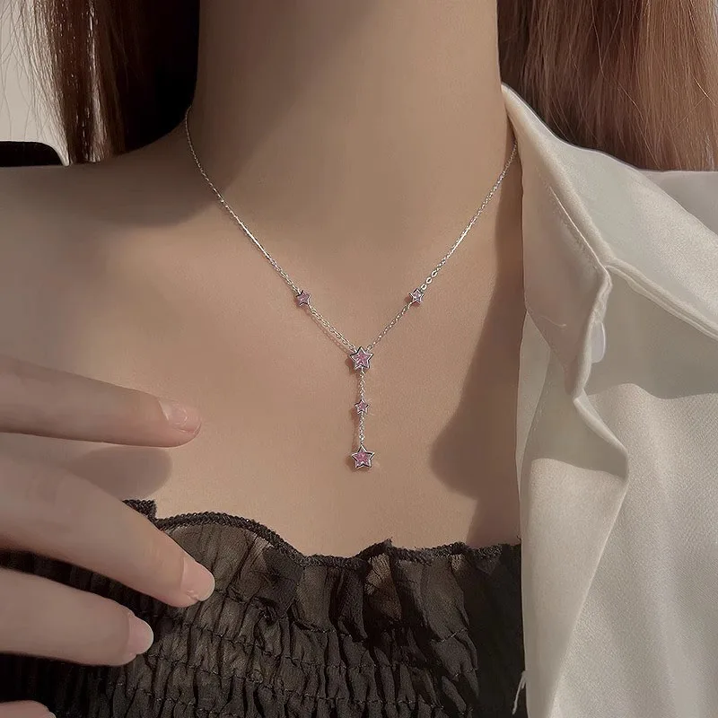 Luxury Stainless Steel Sweet Star Pink Zircon Pendant Necklaces for Women Crystal Clavicle Chain Female Y2K Jewelry Gifts