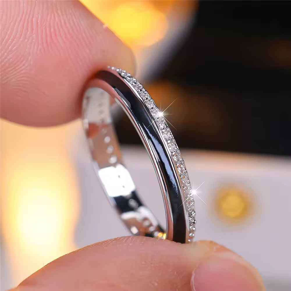 Cute Female Black Enamel Engagement Ring Vintage Silver Color Wedding Jewelry For Women