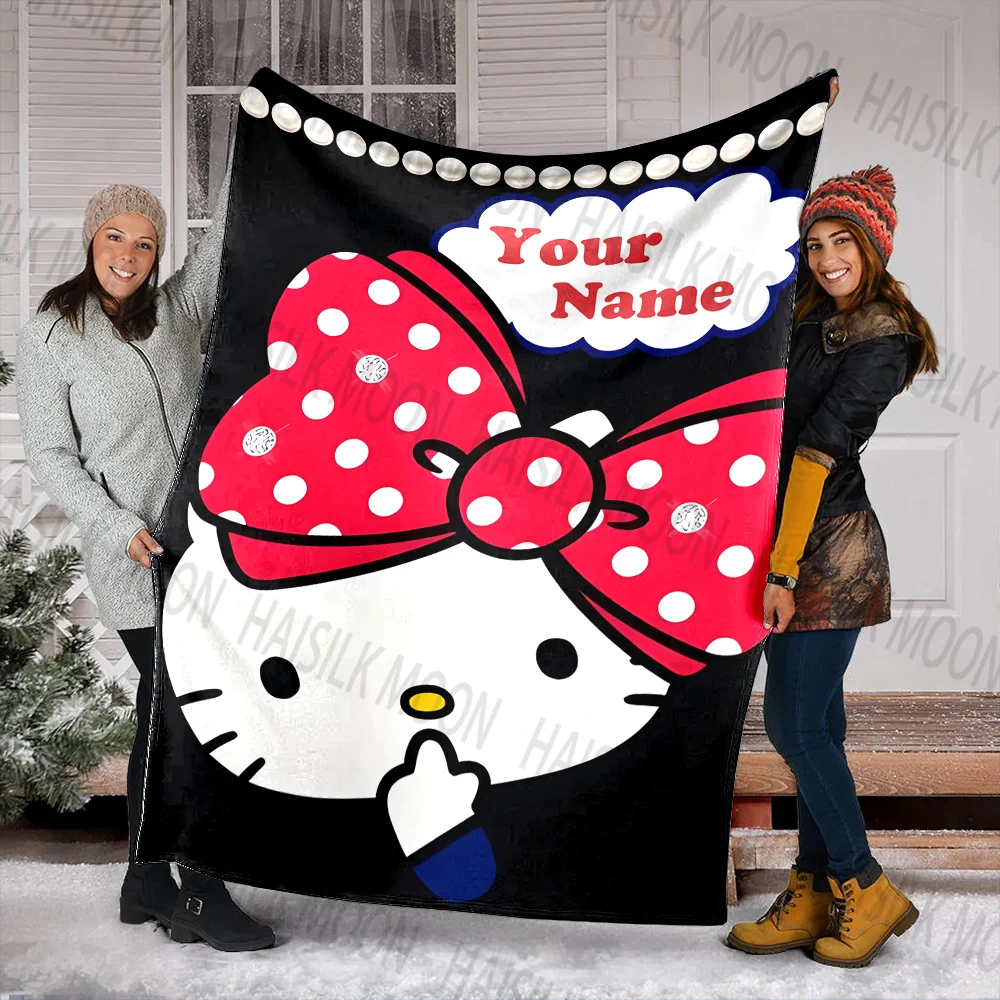 (Memo U Name)1PC Custom Name Blanket Hello Kitty Print Suitable for Sofa, Bed, Travel, Camping, Sofa,Chair and Bed To Kids Gifts