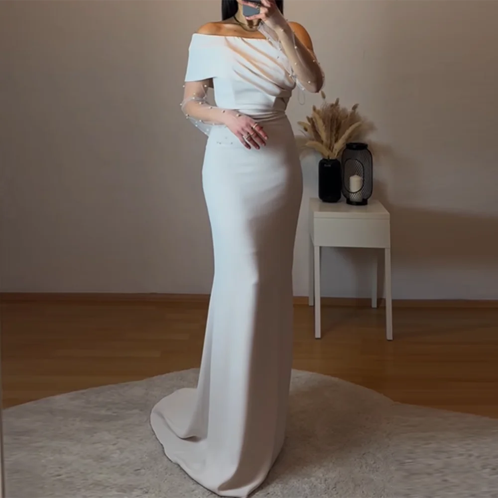 

Customized White Mermaid Prom Dresses Floor-Length Boat Neck Full Sleeve Evening Gown Simple Draped Fashion Beading Party Gown