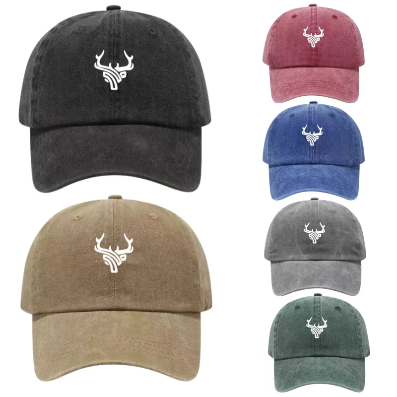 Deer Head Antlers Printed Washed Cotton Adjustable Baseball Cap Snapback Dad Hat Breathable Hat Golf Fishing Outdoor Sun Cap