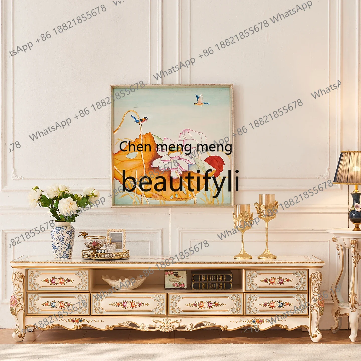 European hand-painted rose French court gold painting living room home full solid wood carving TV floor cabinet