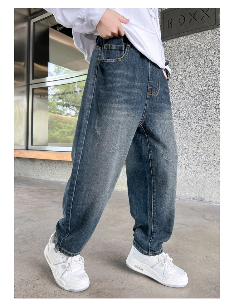 Heißer Verkauf Kinder-Jeans mit Taschen für Jungen Neue Frühlings-Jeans mit elastischem Bund Hochwertige Teenager-Jeanshosen – Detail 4