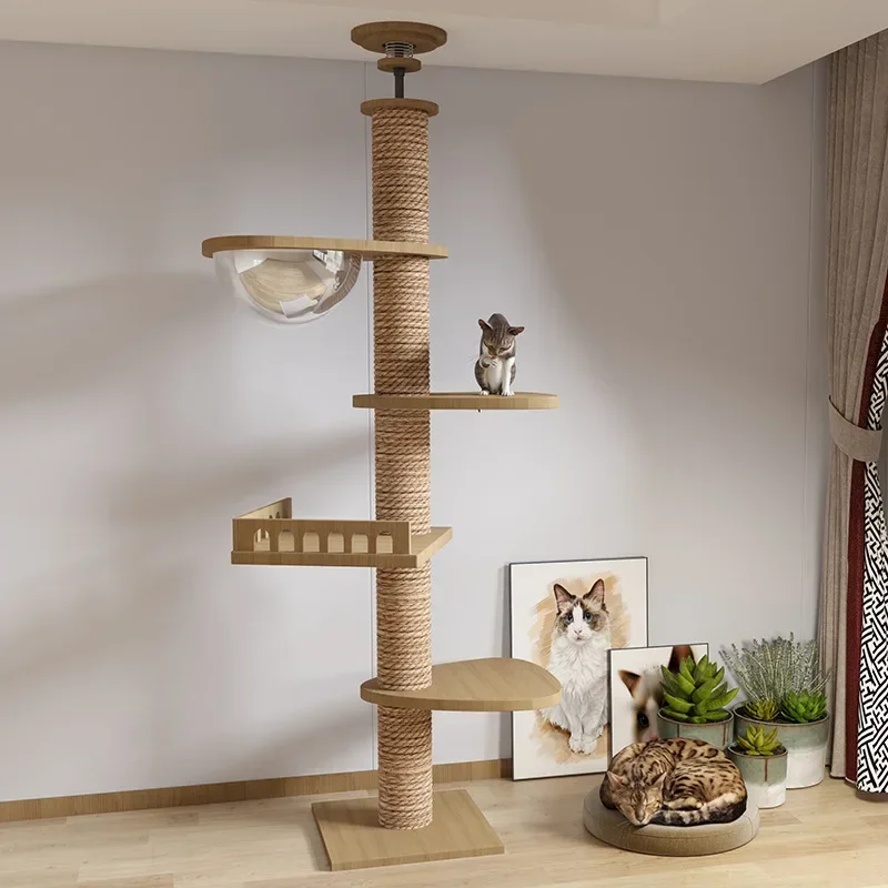 Solid Wood Floor-to-ceiling Cat Climbing Frame Space Capsule Jumping Platform Cat Tree Condo Furniture Scratch Post Pet House