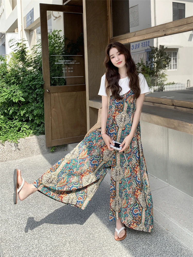 

n Print One-Piece Summer Pants Women's Loose Feelings Wide Leg Pants High Waist Long Trousers Ele And Sli