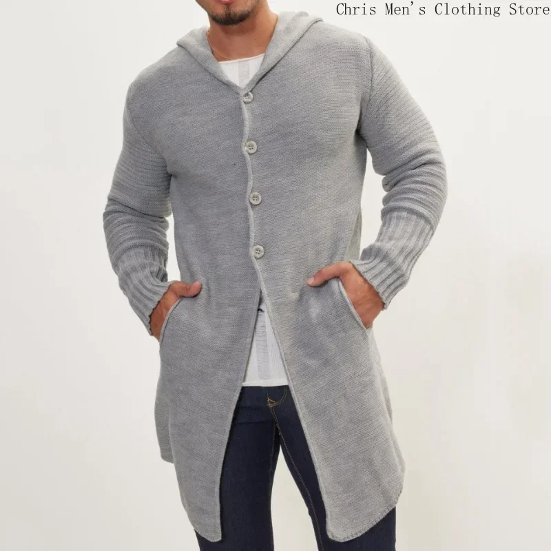 Long Pocket Men's Knitted Cardigan Autumn and Winter New Men's Hooded Sweater Business Casual Sweater Coat  Men Winter Jacket