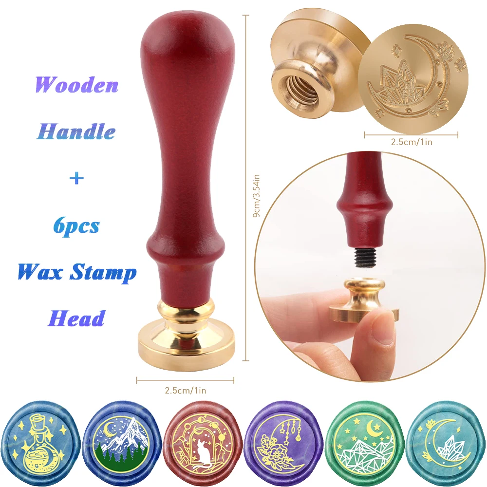 

Mountain Moon Star Cat Wooden Handle and 6pcs Wax Seal Stamp Brass Head DIY Crafts Card Album Making Scrapbook Stencil New 2024