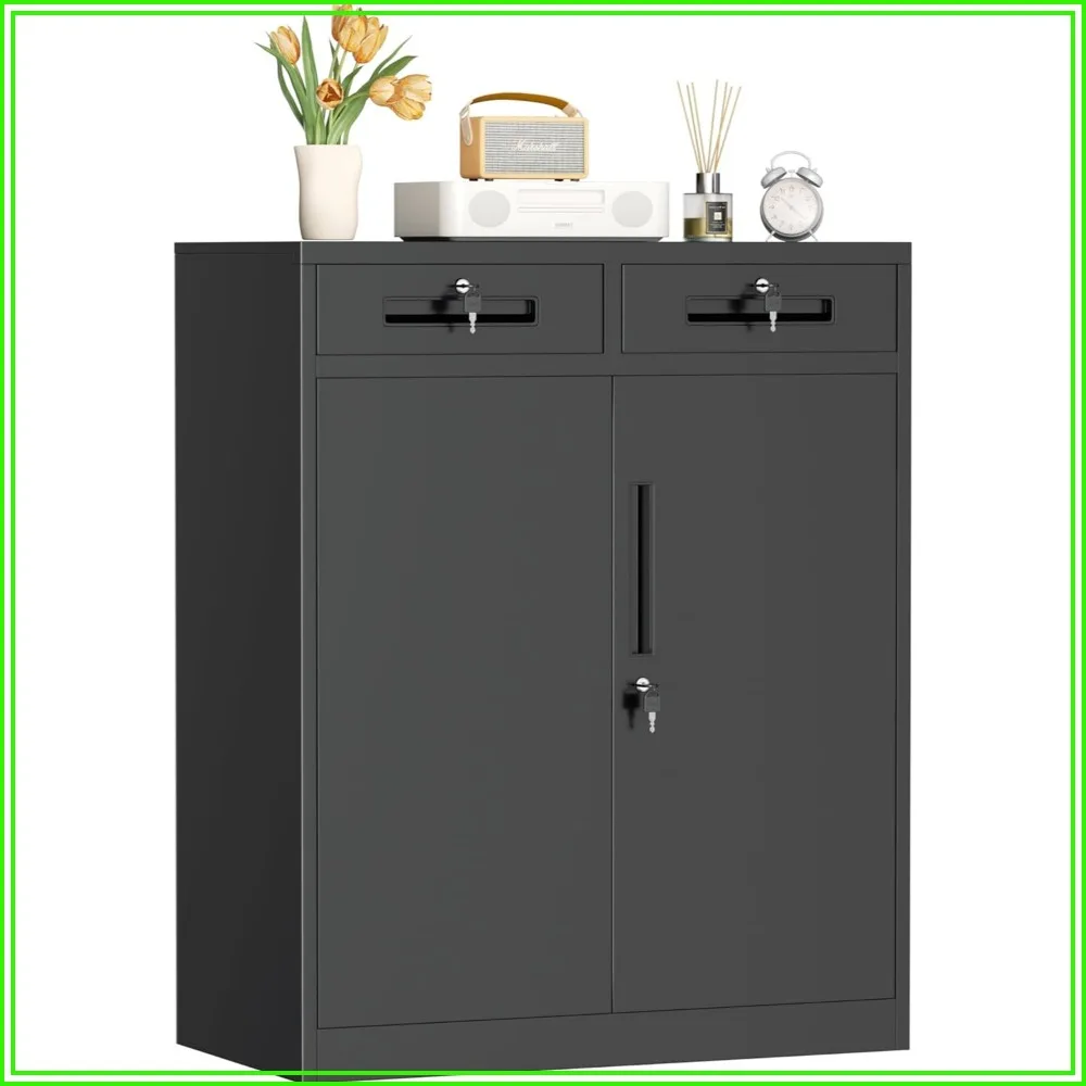 Lockable Steel Storage Cabinet with Drawer and 2 Shelves, Black for Office Home Warehouse
