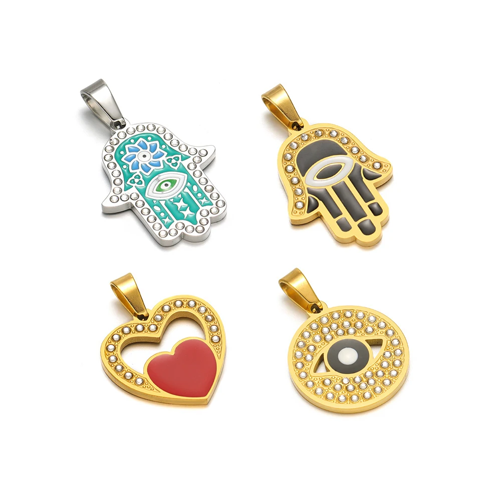 4Pcs/Lot Enamel Heart Pendants Stainless Steel Hamsa Hand Charms for Trendy Bracelet Necklace Material Jewelry DIY Making Bulk