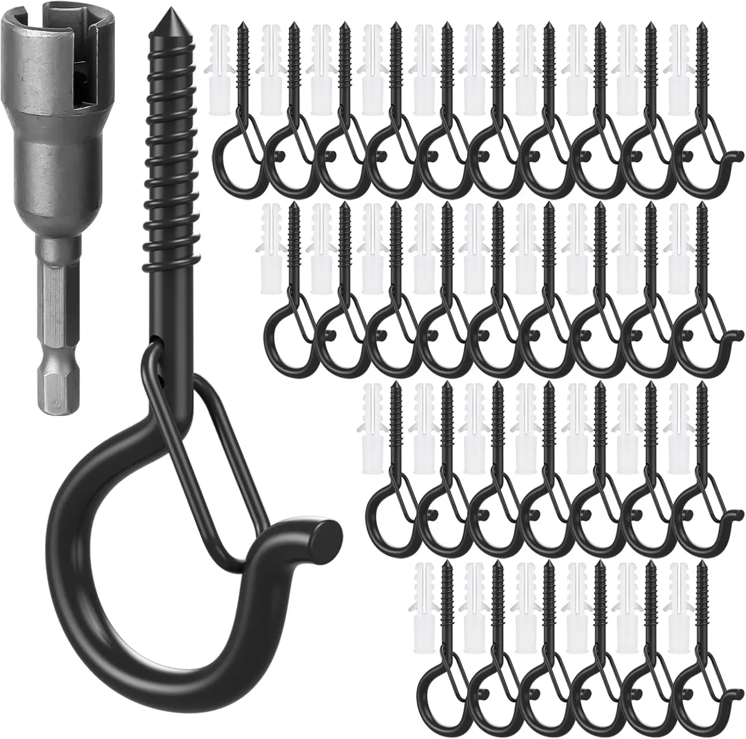 

32Pcs Q-Hanger Hooks with Safety Buckle for Hanging Outdoor String Lights, Plants, Decor, Includes Wing Nut Driver, Black