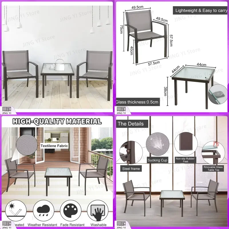 

2 Seater Garden Furniture Set Outdoor Patio Furniture 3 Piece Set Armchairs with Tempered Glass Coffee Table for Backyard