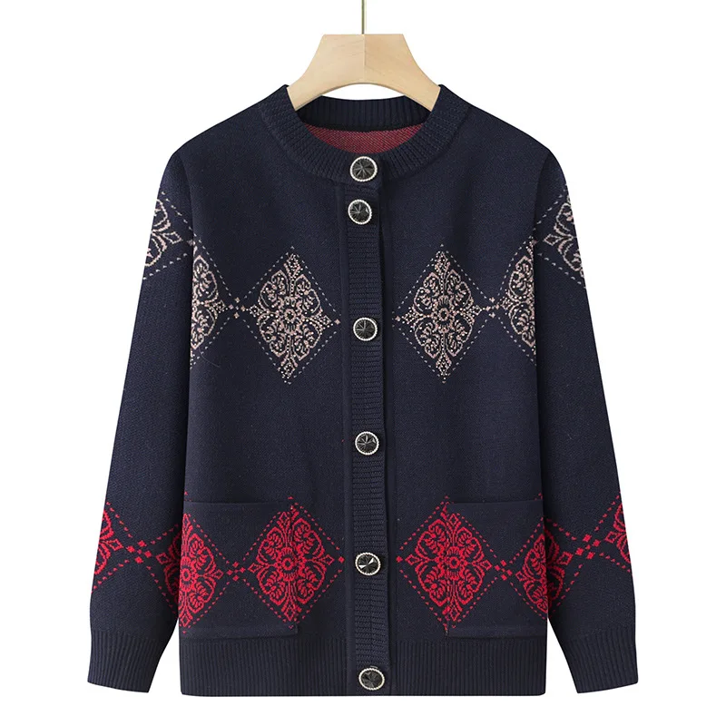 Fdfklak Long Sleeve Cardigan Women  Elderly Embroidery Fashion Autumn Winter Casual Sweater Chic Loose Pockets Cardigan Big Size