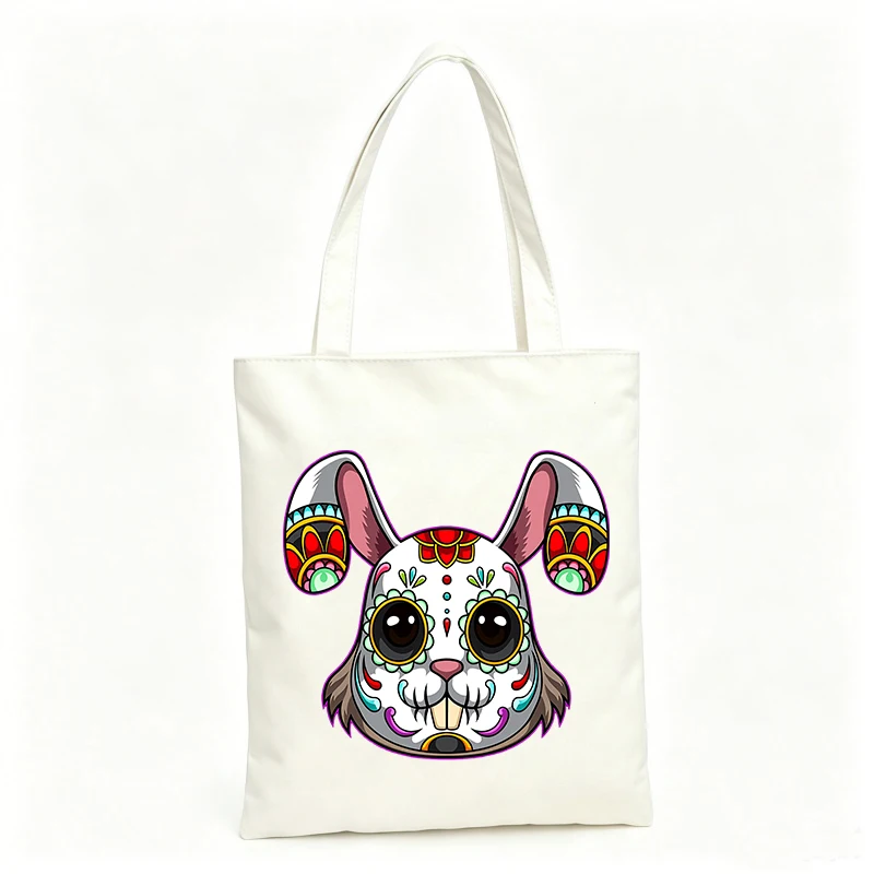 Women's canvas tote bag with sugar skull rabbit graphic, ideal for casual daily use and weekend outings