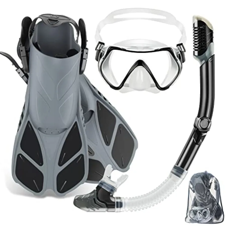 

Travel Size Snorkeling Gear for Adults with Panoramic View Anti-Fog Mask, Trek Fins, Dry Top Snorkel and Gear Bag for Swimming