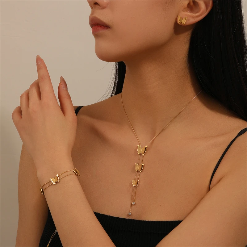 316L الفولاذ المقاوم للصدأ موضة جديدة مجموعة مجوهرات مقاومة للماء لا حساسية فراشة سحر سلسلة القلائد سوار أقراط للنساء