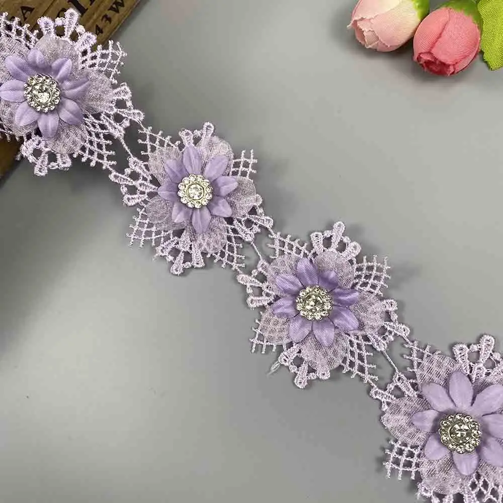 10Pcs Purple Flowers Pearl Beaded Ribbon Embroidered Lace Trim Applique Fabric Handmade Wedding Dress DIY Sewing Supplies Crafts