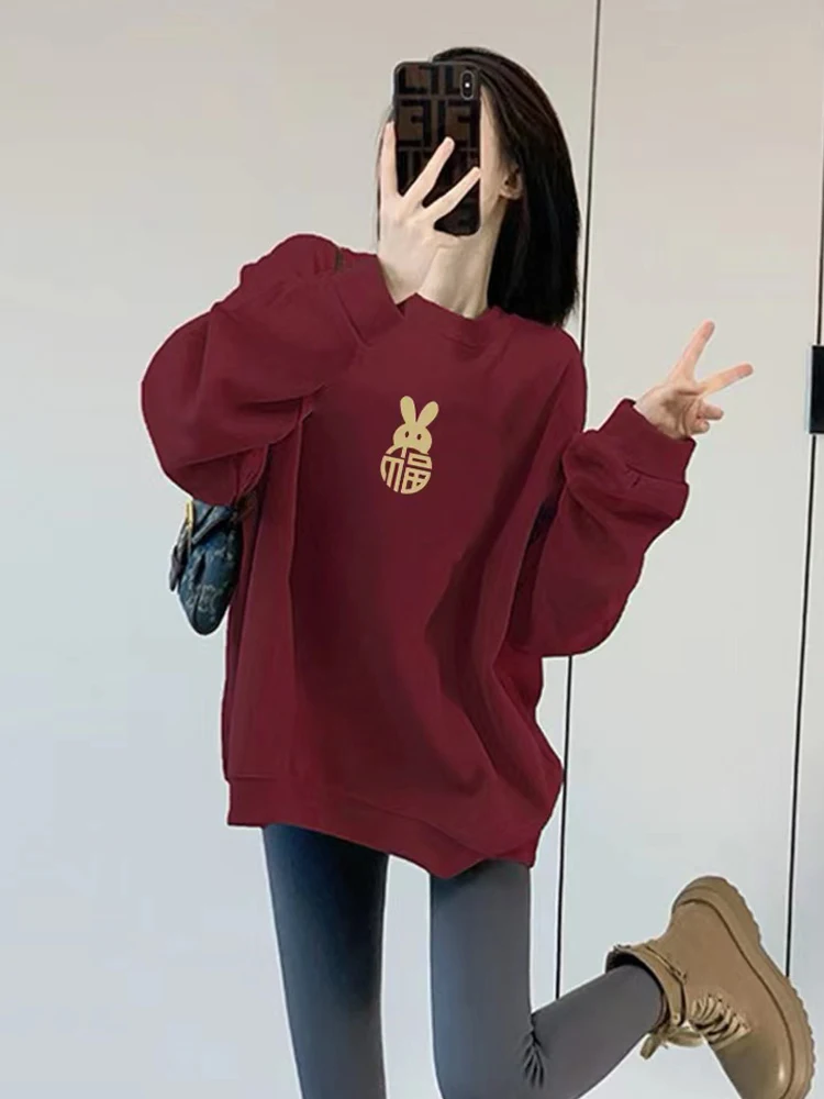

Женский свитшот с круглым вырезом и принтом в корейском стиле, красный, с мультяшным рисунком, коллекция 2025 года (Год Кролика)