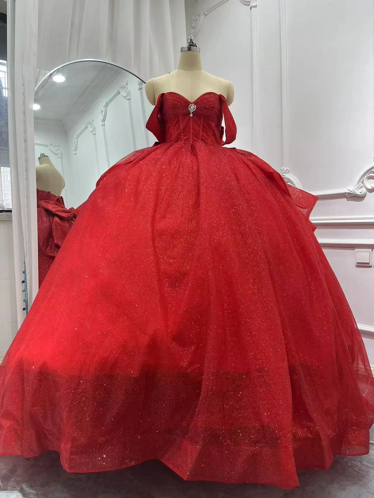 Echtes Bild shinny rote Prinzessin Mädchen Quince anera Kleider von der Schulter Kristall Bogen Vestido de 15 Anos Geburtstags feier Ballkleid