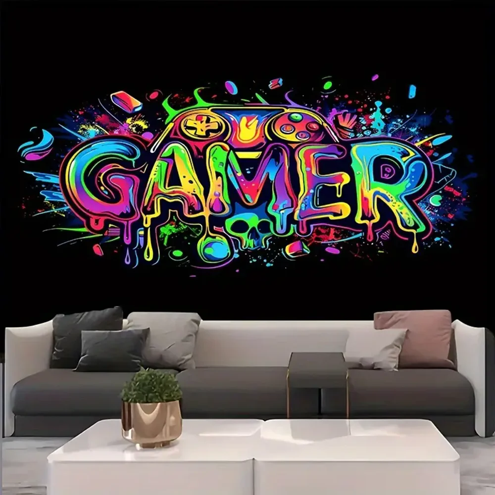 Futuristic Style Gamer Tapestry  For Boys Glow Colorful Game Controller Wall Hanging For Bedroom Living Room Esports Decoration