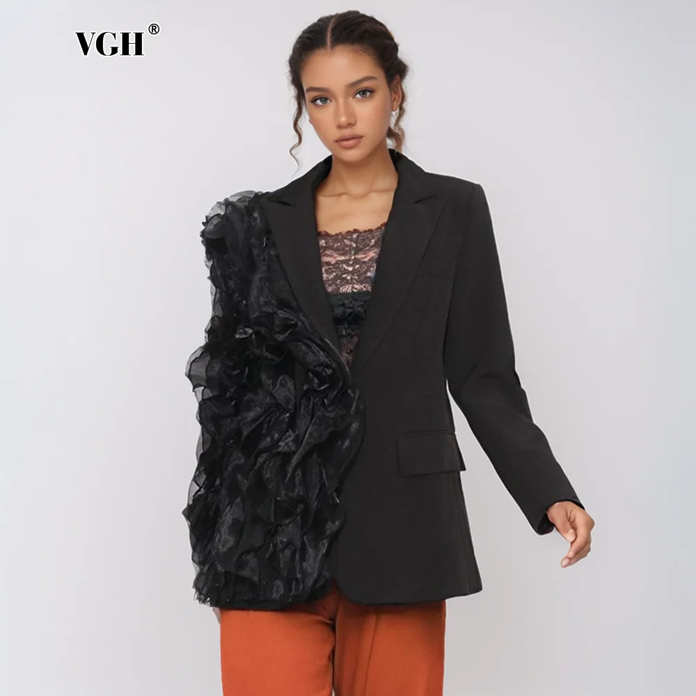 VGH Solid Spliced Ruffles Casual Blazers For Women Notched Collar Long Sleeve Design Sense Asymmetric Elegant Blazer Female New