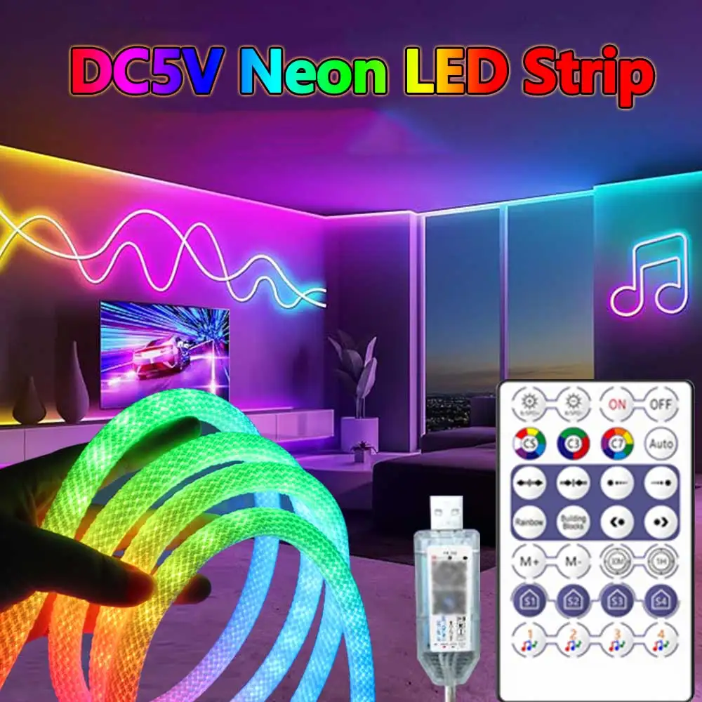 360 Degree Round Reticulate Neon LED Strip USB DC5V Strip Light Nylon Flexible Dream Colorful Rope Light For Bedroom Living