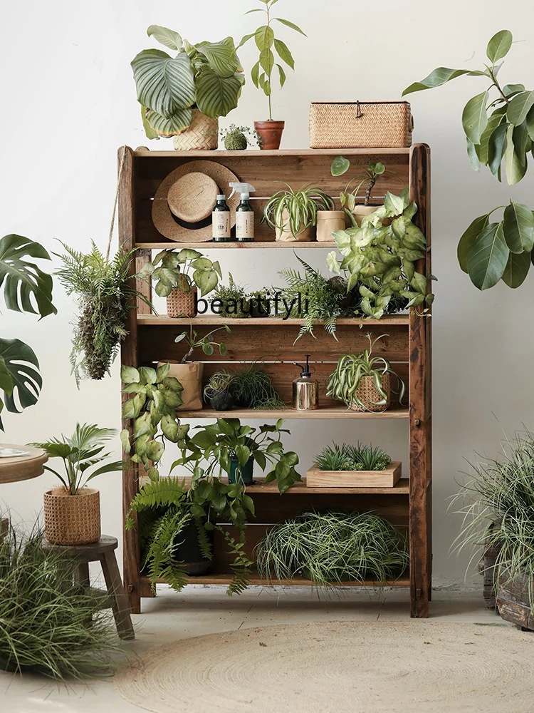 Old Pine Three-Tier Floor-Standing Bookcase Wall Living Room Vintage Solid Wood Curio Cabinet Display Cabinet