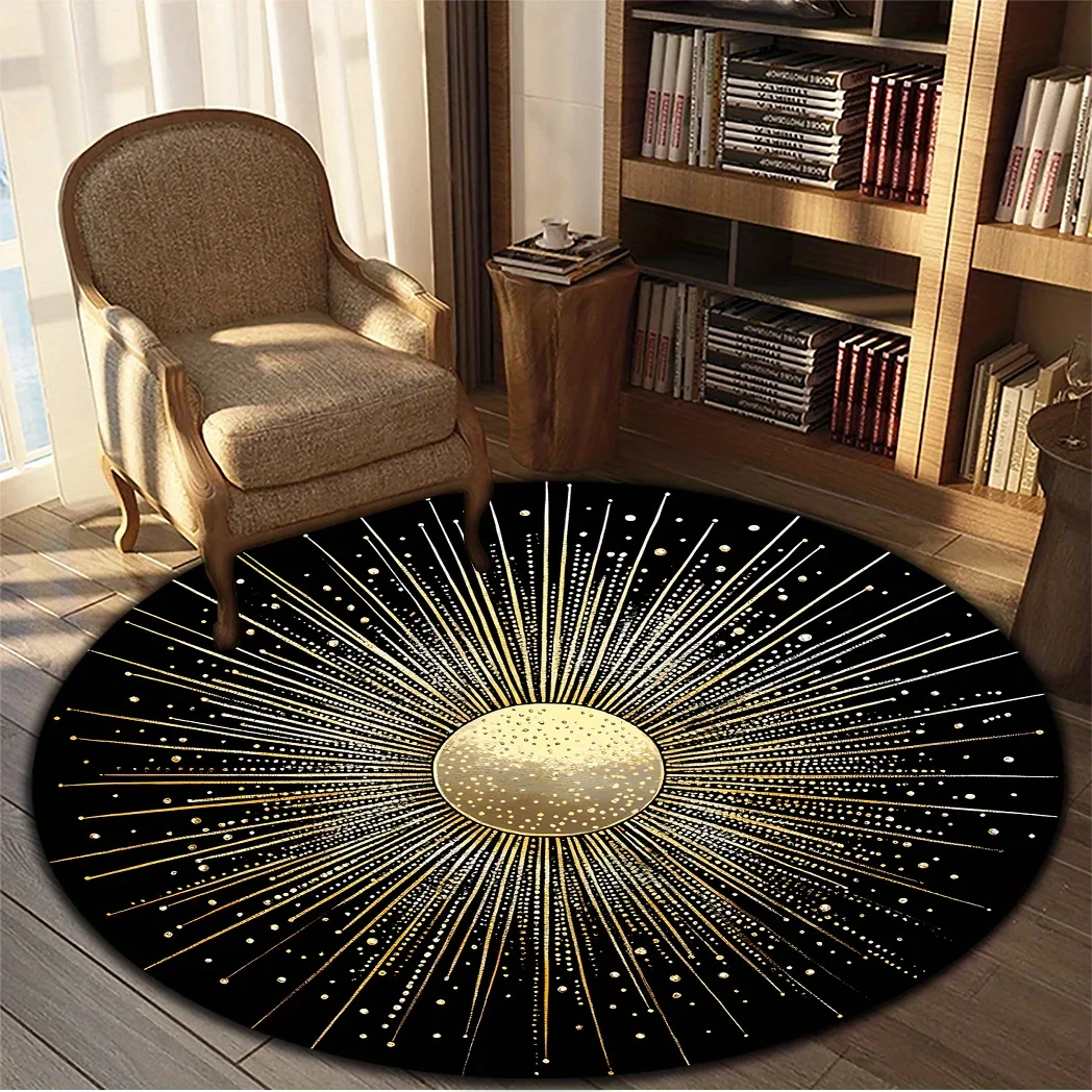 Golden Sunburst Round Mat – Non-Slip Machine Washable Flannel Rug with Sparkling Stars & Rays Design