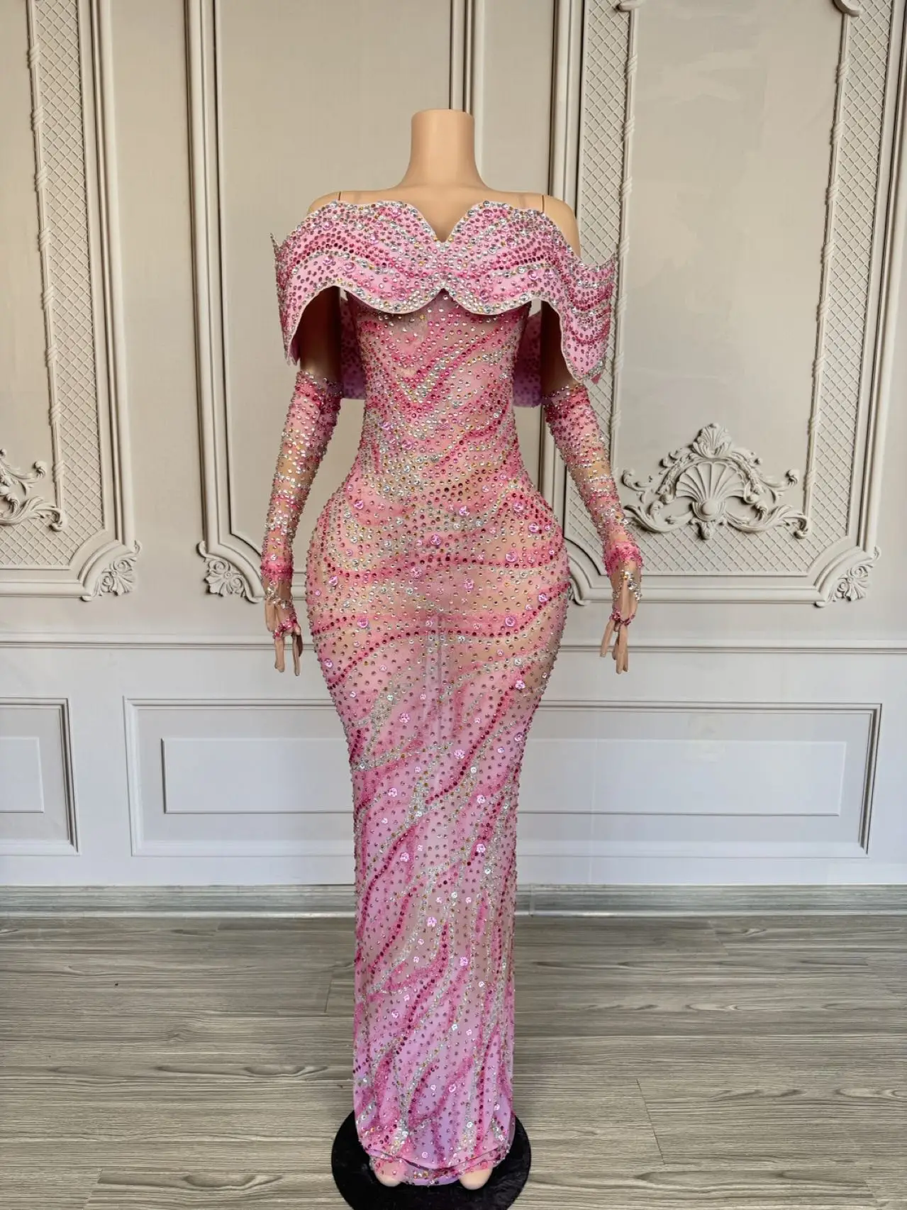 

Women'S Dress Luxury RhinestonesEelgant Maxi Long Gown With Gloves BirthdayCelebrity Party Photoshoot Vestidos C437