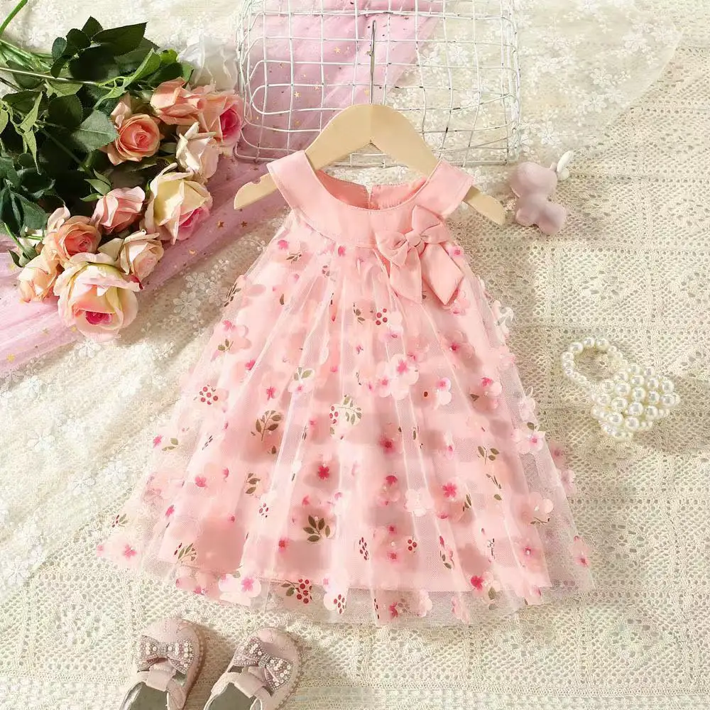 

Summer Mesh All Over Flower Bow Baby Girl Dress Cute Sleeveless Girl Princess Dress Kids Clothing 0-4 Years Old