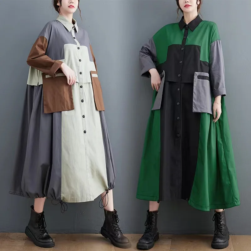 

Faionable Oversized Autumn Windbreaker Coat Color Blo Loose Slimming irt Dr Trendy Korean Sle Long Sve A-Line S...