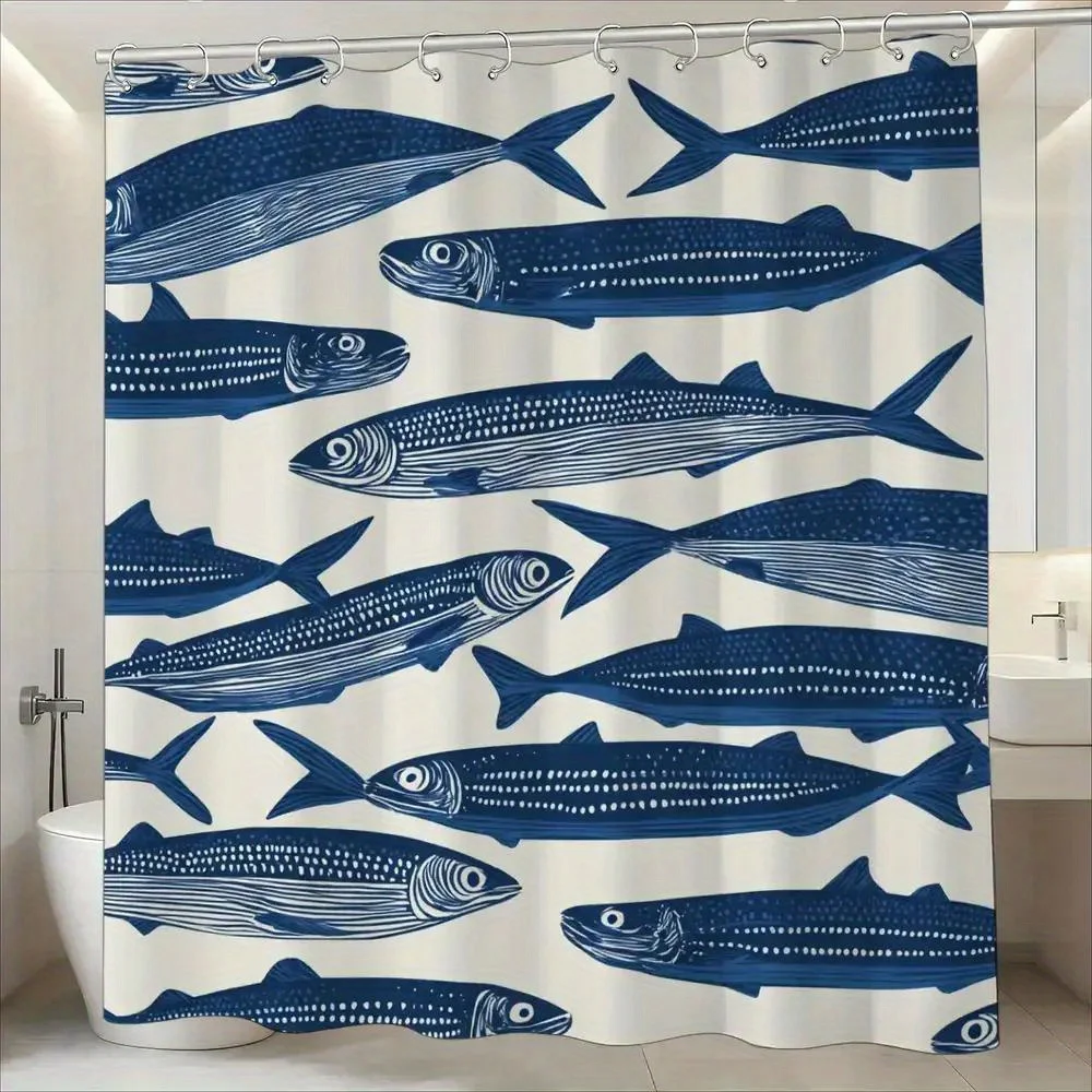 Nordic Blue Fish Shower Curtain – Illustrated Mackerel Pattern, Repeat Design, 12 Hooks, 70.87×70.87