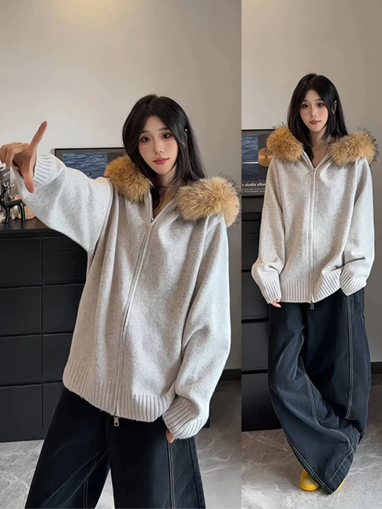 

Американский вязаный худи-кардиган на молнии для мужчин, осенний, повседневный, премиум-класса, с большим меховым воротником, для пар