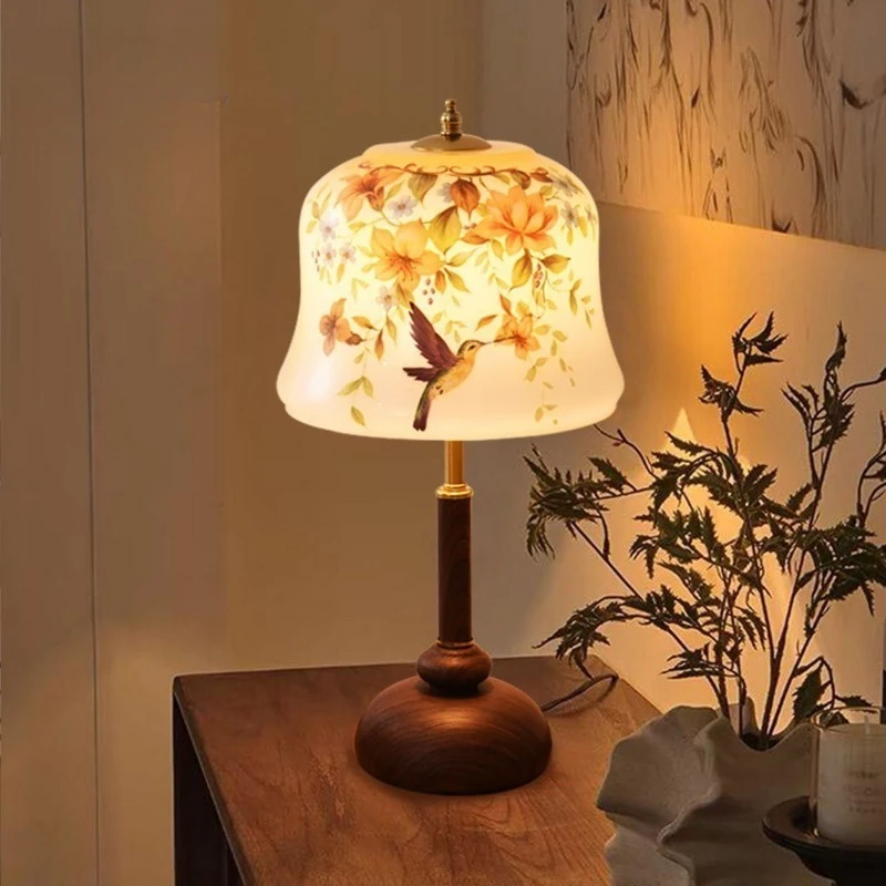 2026 New Floral & Bird Pattern Table Lamp, Song Dynasty Aesthetic Solid Wood Glass Lamp, Warm Decor Light for Bedroom Hotel Room