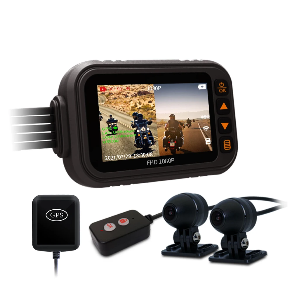 Built-in GPS/wifi IP65 waterproof  Motorcycle Real-Time DVR dual HD 1080P 150° wide-angle lens 3inch dash cam with Wired remote