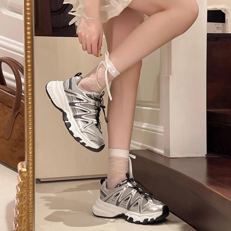 2024 New Spring Autumn Women Mesh Breathable Casual Shoes Lace up Color Matching Round Toe Thick Heels Leather Sneakers Unisex