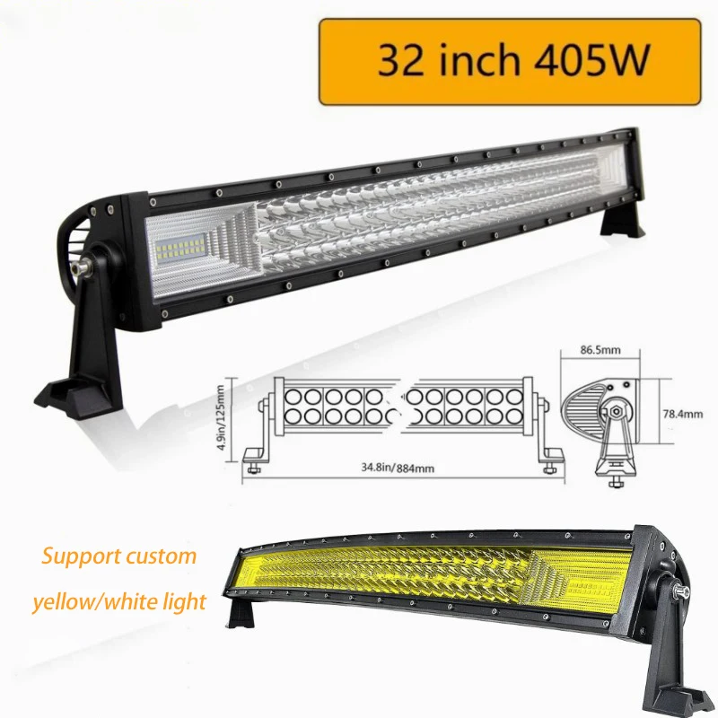White or Yellow 32 Inch Curved 3-Row LED Fog Light Bar Offroad for Jeep 4x4 Truck