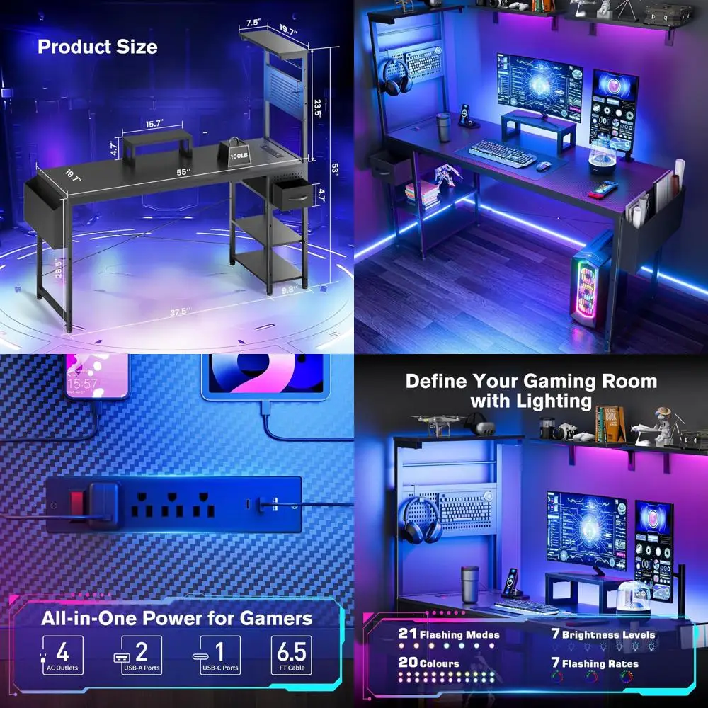 

55 Carbon Fiber Gaming Desk with Adjustable Rack, LED Lights, Mini Pegboard, Drawer, and Power Outlets