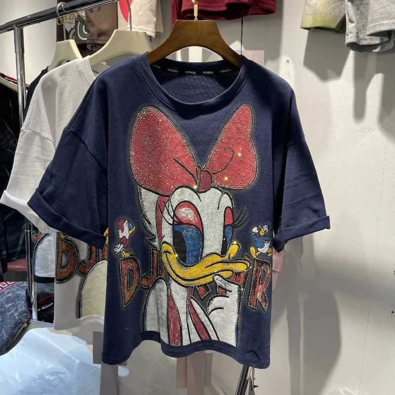 Sweet Cute Design Cartoon Pattern T-shirts Heavy Industry Sequins Color-Block Loose Tshirts Women's Top Crew Neck Pullovers Tees