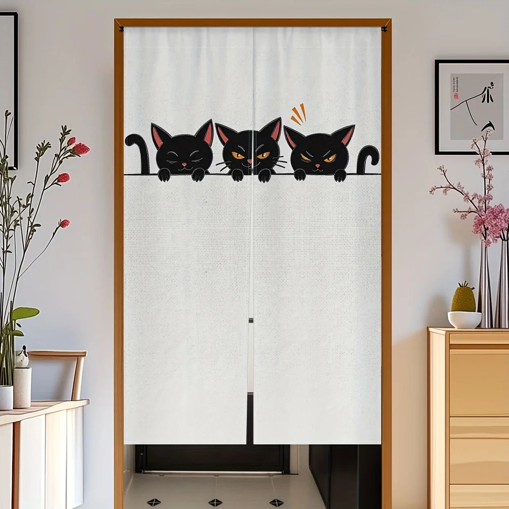 Peeking Cats Noren Curtain – Playful Black Cat Silhouettes Peeking Over the Top, Minimalist Design for Bedroom or Kitchen Decor