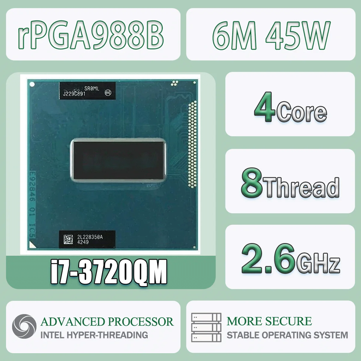 Intel Core I7-3720QM SR0ML 2,6 GHz 4 núcleos 8 hilos 6M 45W I7 3720QM ordenador CPU procesador servidor Socket G2/RPGA988B
