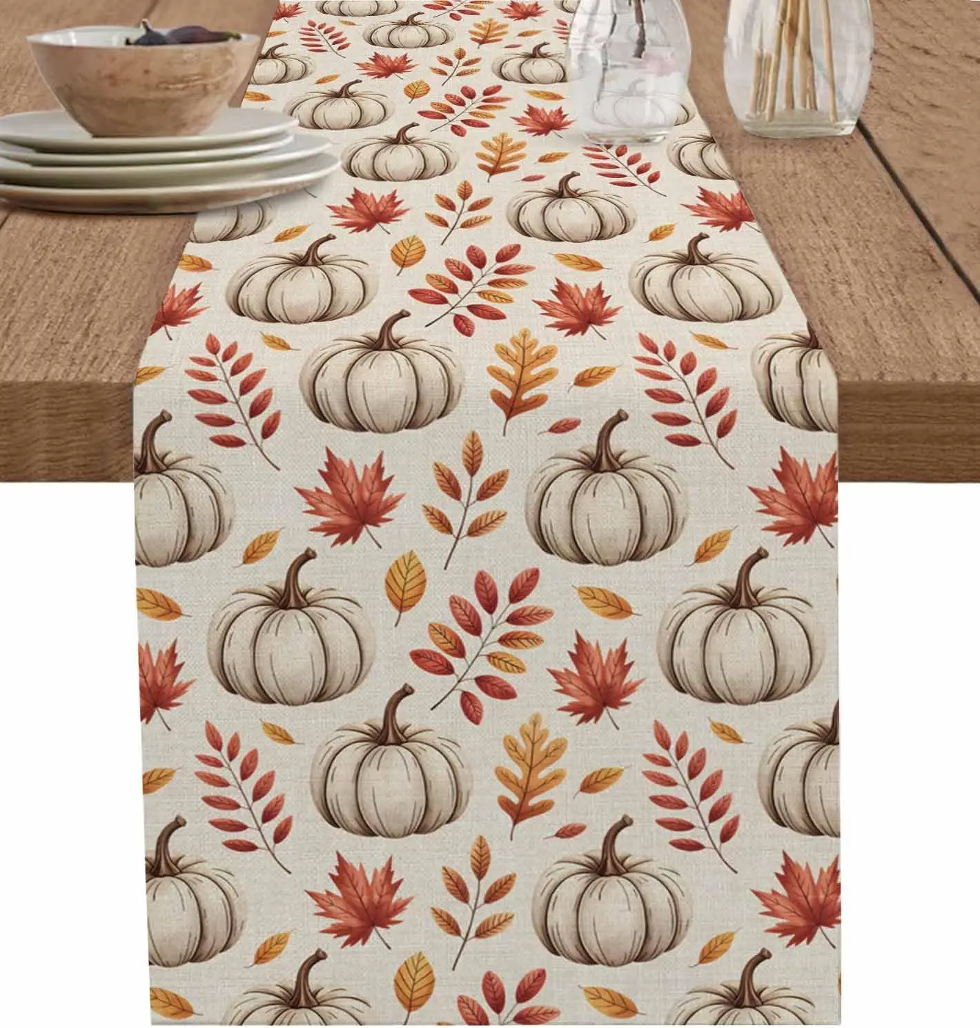 

Autumn Thanksgiving Pumpkin Maple Leaves Linen Table Runner Party Decor Fall Harvest Kitchen Dining Table Runners Autumn Decor