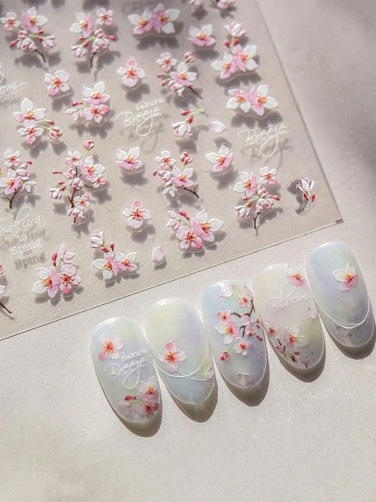 3pcs 5D Embossed Cherry Blossom Design Nail Stickers, Spring Nail Decoration Stickers, Women's Self-Adhesive Nail Products Nails