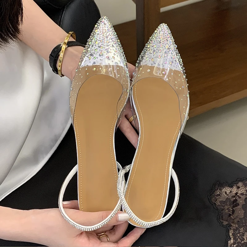 

Aneikeh Summer Women Clear PVC Rhinestone Slingback Sandals Pointed Toe Flat Shoes Crystal Ankle Strap Mules Party Dress Pumps