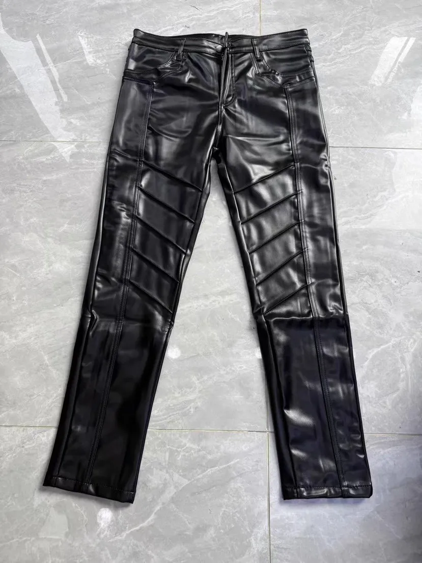 Neue Herren Motorrad Rock Roll Slim Lederhose Punk-Stil Männliche Streetwear Vintage Gothic Steampunk PU-Lederhose – Detail 2