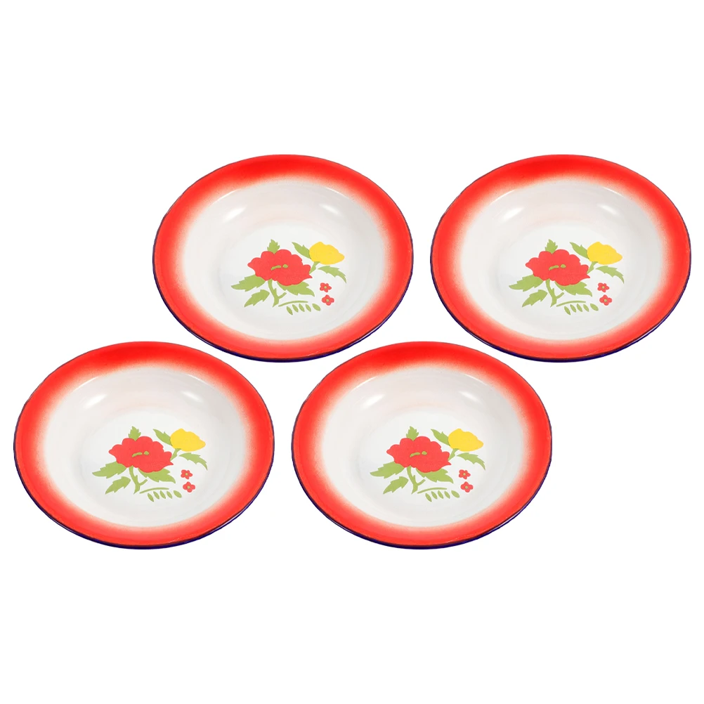 

4Pcs Vintage Round Enamel Plates Retro Style Multifunctional Serving Dishes Hot Pot Bbq Metal Camping Plates Enamel Dinnerware