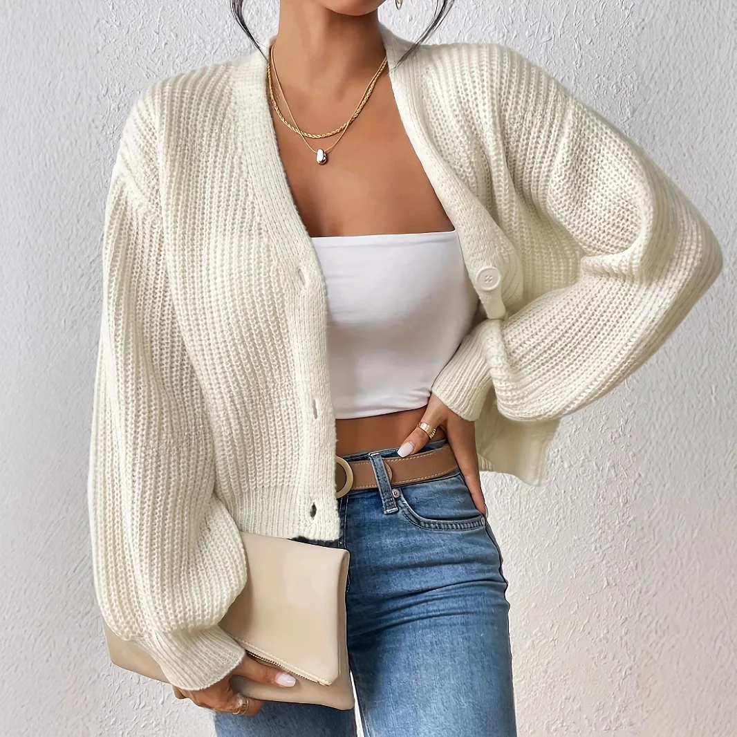 

Beige White Elegant Loose Shrug Knitted Cardigan 005