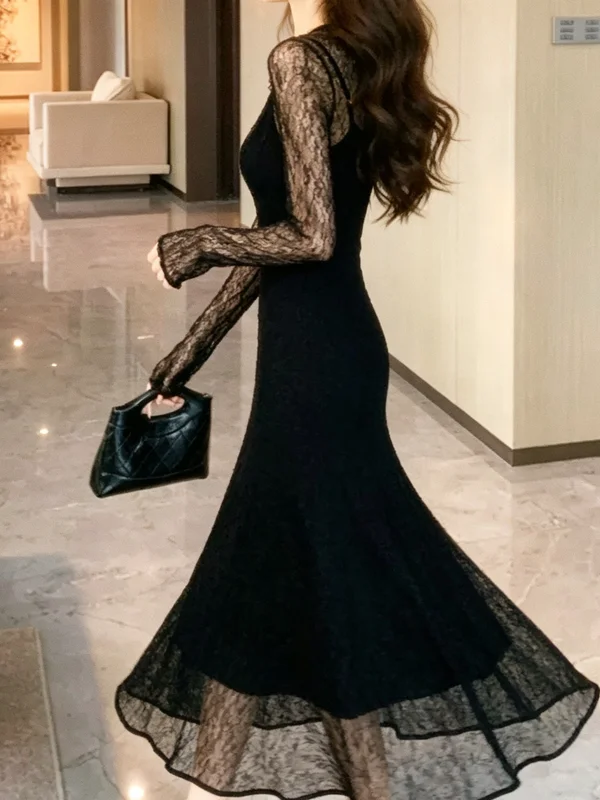 Hebe Style High End Hollow out Lace Cover up Strap Vest Top And Wrap around Skirt Two Piece Set Women's Fashion Autumn Wear