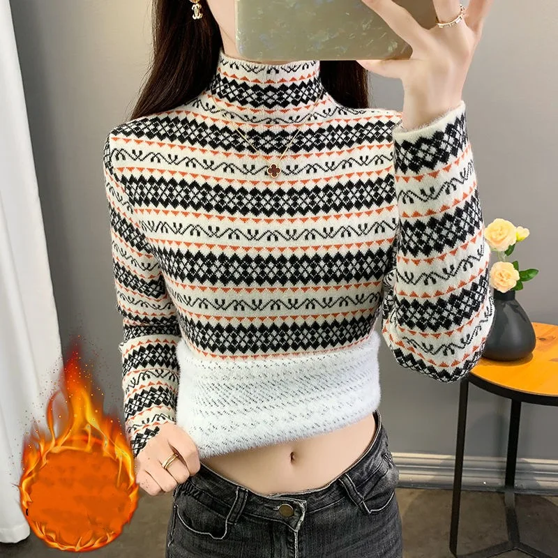 Autumn and Winter Women's Stripe Colored Half High Collar Long Sleeve Slim Pullover Fleece Underlay Fashion Casual Vintage Tops