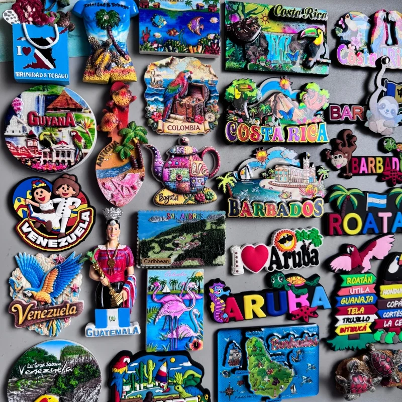 Latin American tourist souvenir fridge magnets Trinidad Tobago Venezuela Bogota Columbia Antigua Barbados Aruba Honduras Guyana