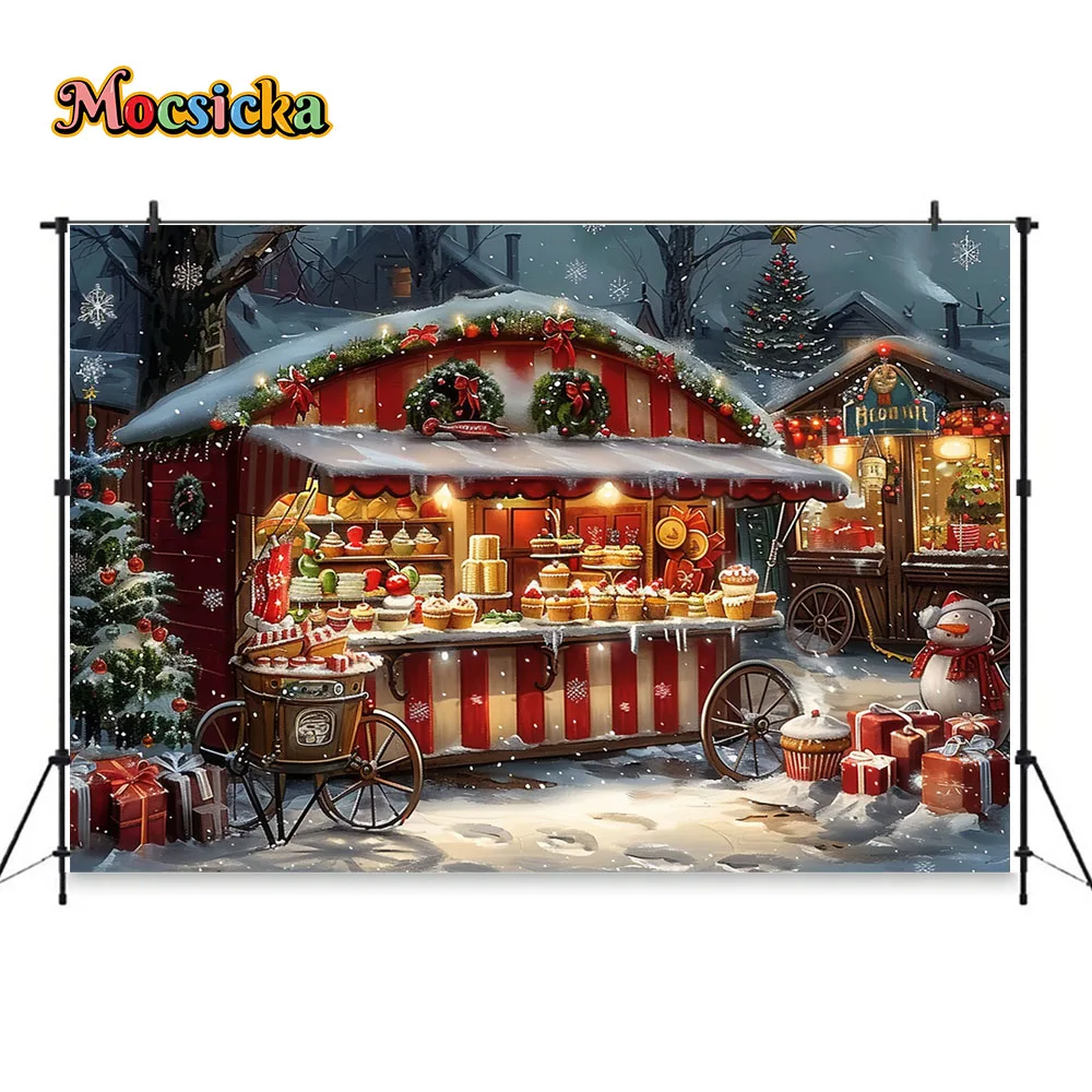 Christmas Hot Cocoa Dessert Cart Photography Background Kids Winter Birthday Party Snowy Night Xmas Tree Backdrop Gift Photozone